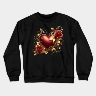 Valentines Day Red Heart, Red Roses, Golden Vines - Dark Crewneck Sweatshirt